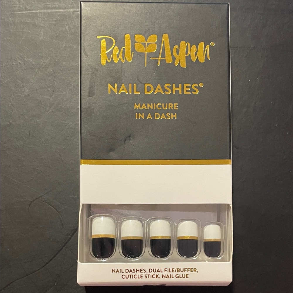 Red Aspen Black & White Press-On Nails with Gold Trim - Nail Dashes